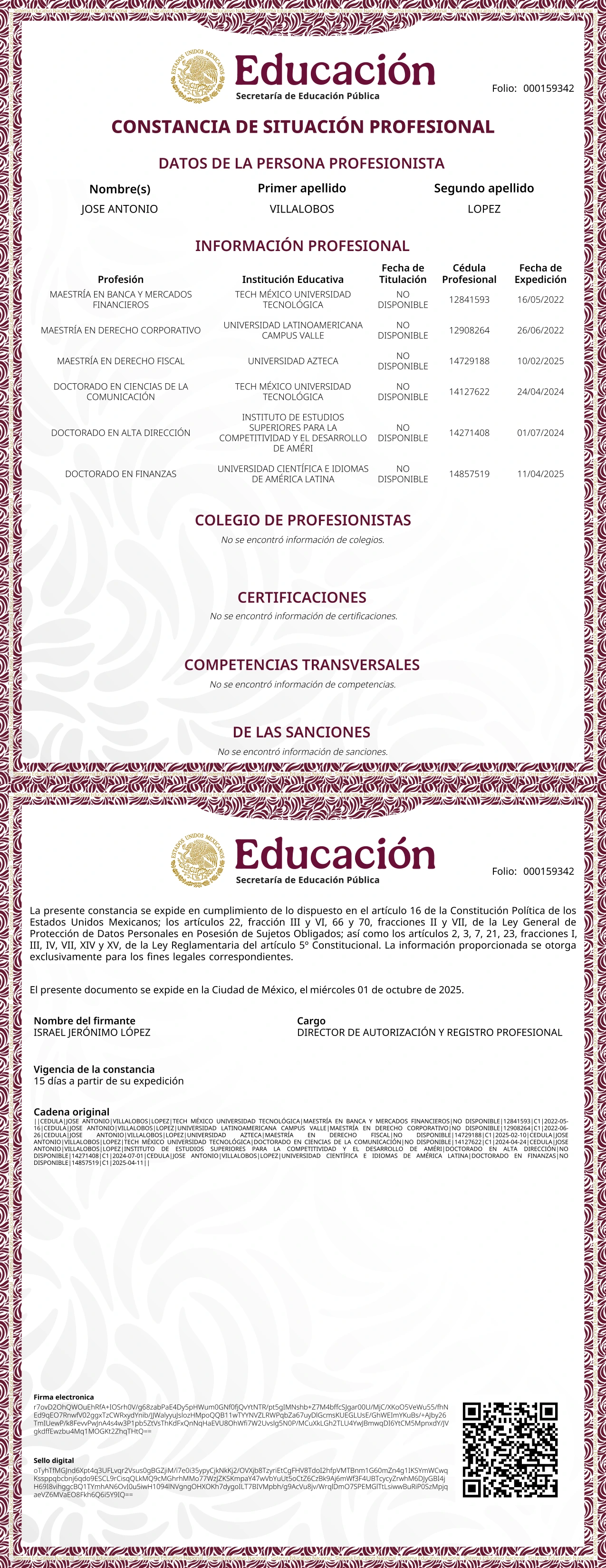 Constancia de Situación Profesional José Antonio Villalobos López